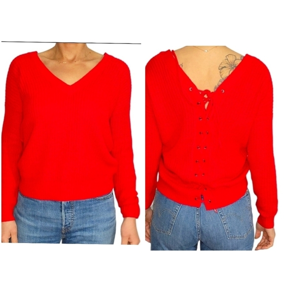 Cloth Lace Up Back V Neck Sweater Size X Small Red Ribbed Knit - Picture 1 of 7